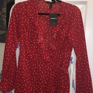 Red polka dot wrap dress